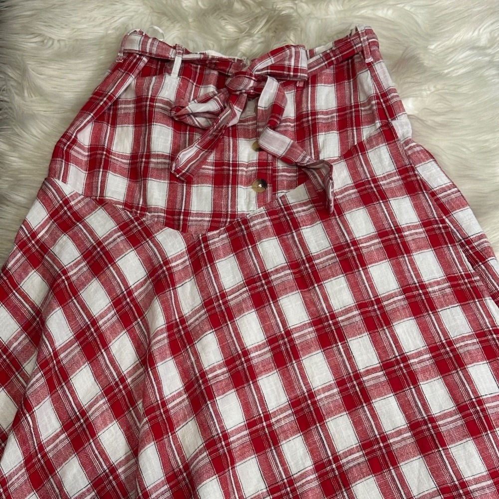 Free People Womens Red Plaid Maxi Skirt Size XS Tie Detail Hi Lo Length - Picture 3 of 5